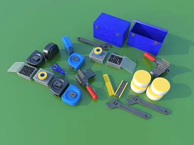 Assorted Hardware Tools Set With Toolboxes Wrenches Tape Measures And Components 3d model