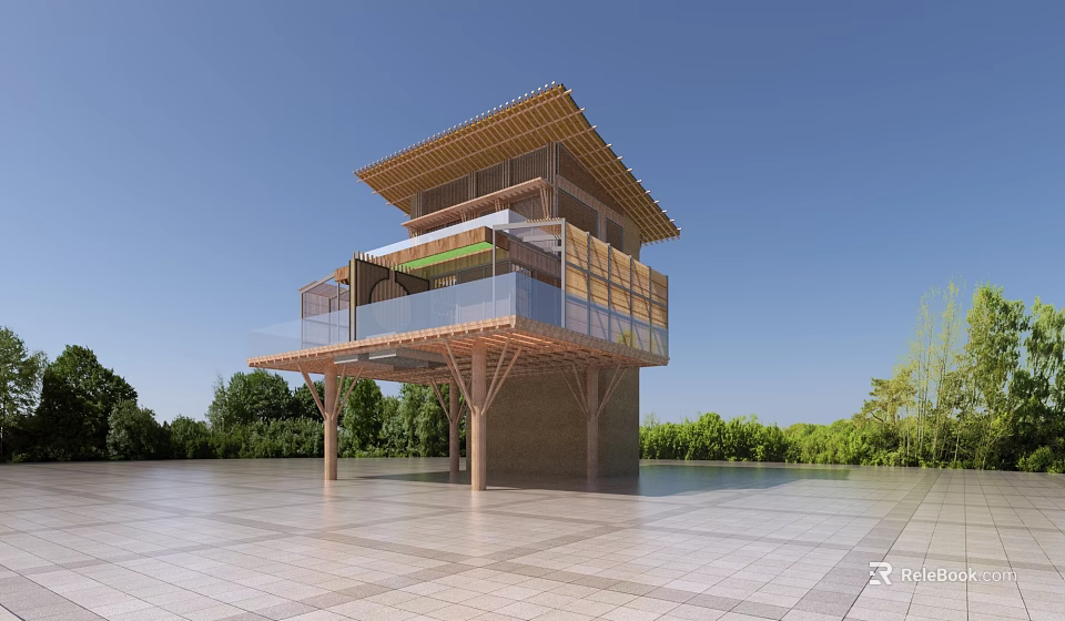 Traditional Wooden House With Elevated Structure Sloped Roof And Glass Terrace In Green Landscape 3d model 