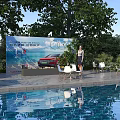 Audi A6 Avant Outdoor Showcase With Swimming Pool Woman Green Trees And White Chairs