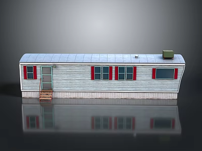 White Mobile Home Exterior Design With Red Shutters Silver Roof And Steps 3d model