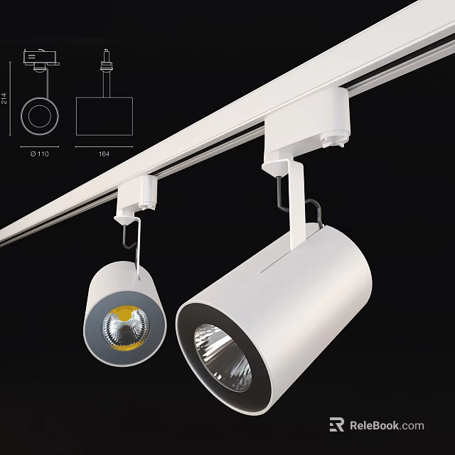 Modern White Track Mounted Downlights and Spotlights with Sleek Adjustable Design 3d model