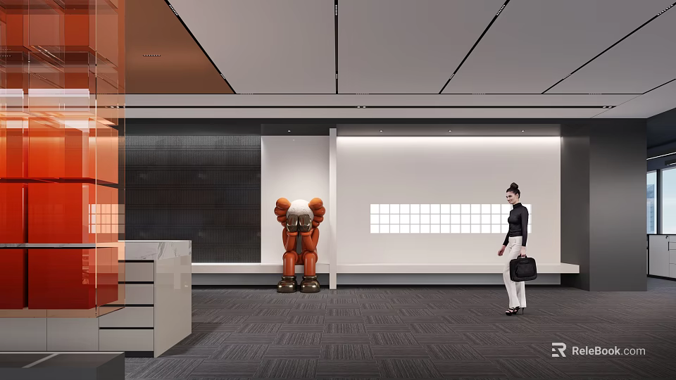 Modern Front Desk Reception Area With Female Receptionist Orange Sculpture White Wall And Glass Cabinet 3d model 