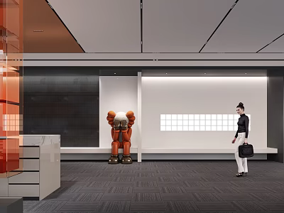 Modern Front Desk Reception Area With Female Receptionist Orange Sculpture White Wall And Glass Cabinet 3d model