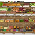 Well Stocked Grocery Store Display Shelves With Fresh Fruits Vegetables And Canned Goods