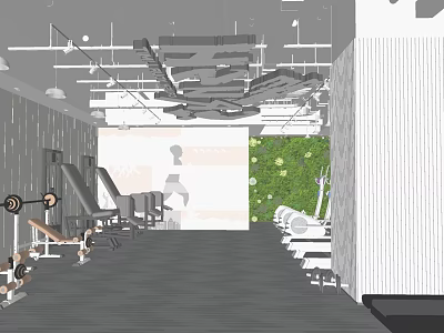 Fitness Gym Interior With Treadmills Dumbbells Green Plant Wall And Workout Equipment 3d model