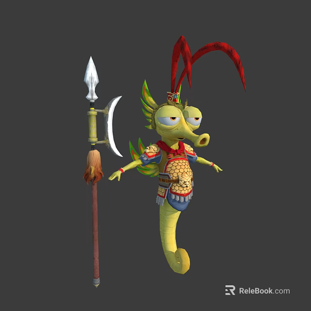 Yellow Armored Mythical Lizard Character With Red Feather Headdress And Spear 3d model 