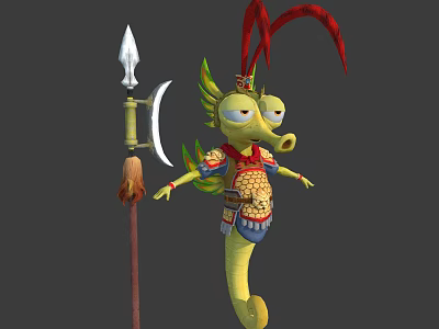 Yellow Armored Mythical Lizard Character With Red Feather Headdress And Spear 3d model