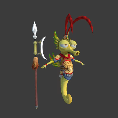 Yellow Armored Mythical Lizard Character With Red Feather Headdress And Spear 3d model