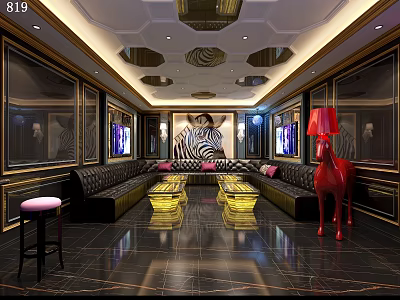 Luxury KTV Interior Design With Black Leather Sofas Golden Coffee Tables Red Lamps And Art Wall Decor 3d model