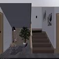 Staircase Design With Potted Plant Wall Lamp And Decorative Paintings