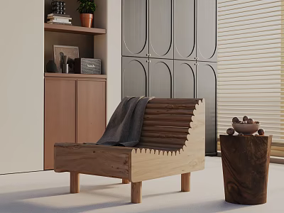 Wooden Slatted Leisure Chair with Gray Blanket and Decorative Side Table 3d model