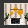Black White Marble Reception Desk With Wooden Striped Wall Yellow Decorative Flowers And Green Plants