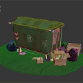 Green Trash Bin With Black Garbage Bags And Open Cardboard Boxes On Ground