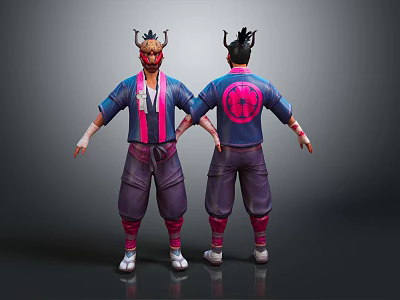 Stylized Fantasy Character And Creature Design With Horned Headpiece Blue Pink Outfit Back Circular Emblem 3d model
