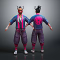 Stylized Fantasy Character And Creature Design With Horned Headpiece Blue Pink Outfit Back Circular Emblem