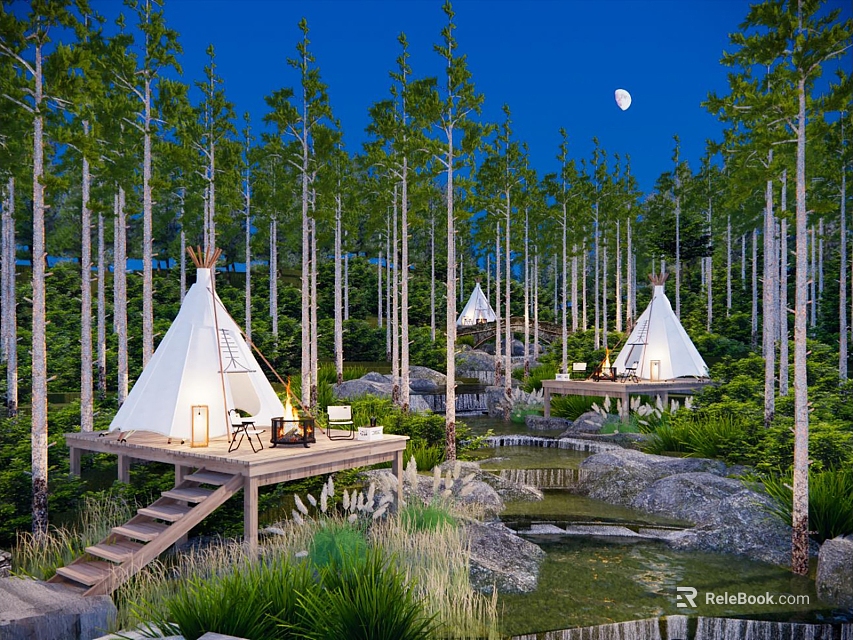 Night Park Landscape With White Tepees Tall Trees Moonlit Stream And Wooden Decks 3d model 