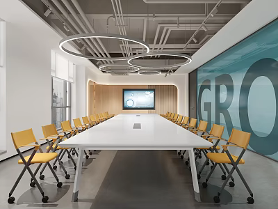 Modern Conference Room Interior With Long Table Yellow Chairs Circular Lights And Large Screen 3d model