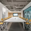 Modern Conference Room Interior With Long Table Yellow Chairs Circular Lights And Large Screen