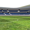 Modern Stadium with Green Grass Field Blue Seats and White Lines