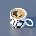 Five White Mugs With Black Face Designs Featuring Various Coffee Drinks 3d model