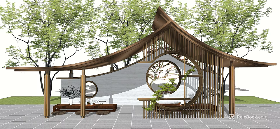 Traditional Garden Landscape With Wooden Pavilion Curved Roof Circular Openwork And Surrounding Trees 3d model 
