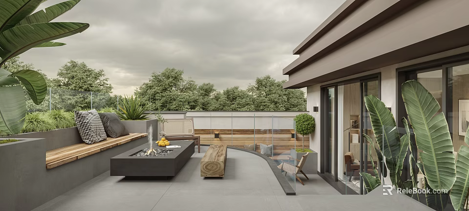 Modern Roof Garden With Fire Pit Seating And Plants 3d model 