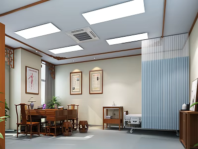 Traditional Chinese Medical Room With Wooden Table Chairs Blue Partition Screen And Framed Paintings 3d model