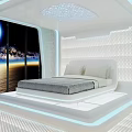 Modern Bedroom Interior With White Bed Gray Blanket And Sea Sunset Mural