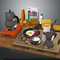 Breakfast Food Spread With Corn Flakes Fried Eggs Cheese Milk Orange Juice And Coffee