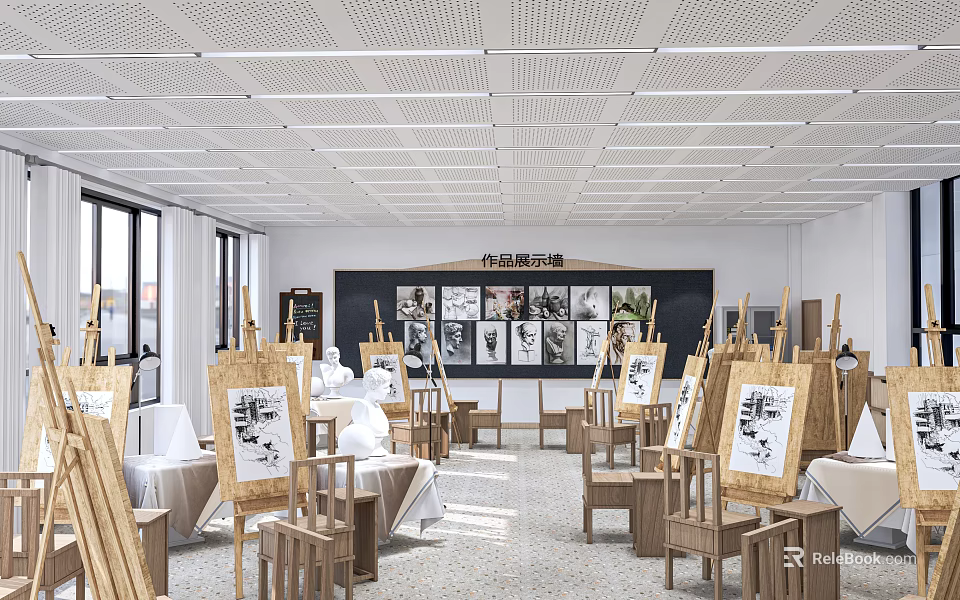 School Art Classroom With Easels Artworks And Display Wall 3d model