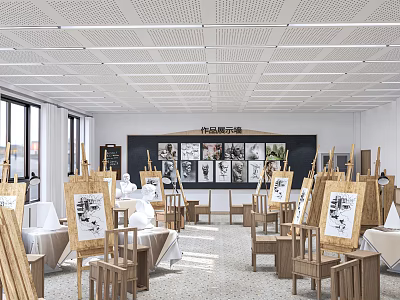 School Art Classroom With Easels Artworks And Display Wall 3d model