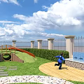 Kids Playground with Slide Thatched Umbrellas Wooden Cabin Water Pool Grass Lawn and Sea View