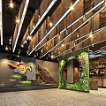 Elegant Restaurant Corridor With Wooden Walls Geometric Patterned Surfaces Green Plant Decor And Patterned Flooring