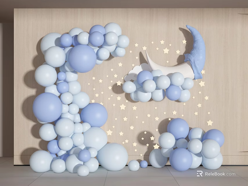 Light Blue And White Balloons With Star And Moon Decorations On Wooden Wall Background 3d model 