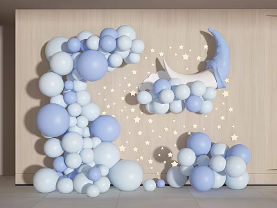 Light Blue And White Balloons With Star And Moon Decorations On Wooden Wall Background 3d model