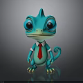 Turquoise Cartoon Chameleon With Big Eyes Wearing White Shirt Red Tie Standing On Black Background
