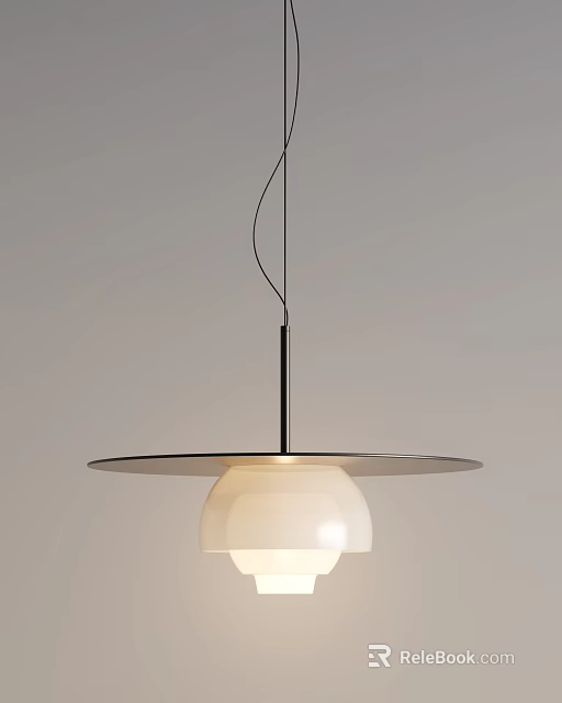 Modern Pendant Light With Circular Metal Plate And White Glass Lampshade Hanging Design 3d model 