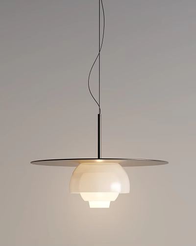 Modern Pendant Light With Circular Metal Plate And White Glass Lampshade Hanging Design 3d model
