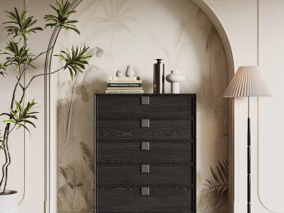 Modern Black Chest of Drawers Interior With Stacked Books Decorative Vases Plant And Floor Lamp 3d model