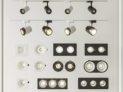 Different Types of Recessed Downlights and Track Mounted Spotlights in Black and White 3d model