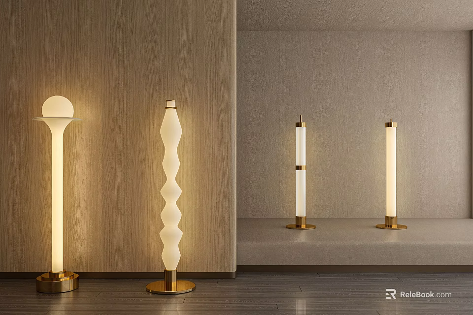 Modern Floor Lamps With Spiral And Cylindrical Design Gold Base White Shade 3d model 