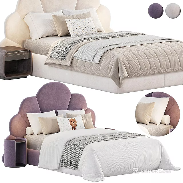 Purple Curved Headboard Kids Bed With Soft Pillows Cozy Quilt And White Sheets 3d model 