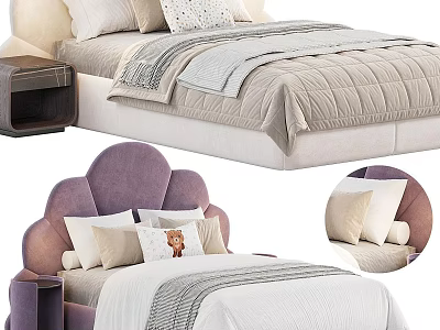 Purple Curved Headboard Kids Bed With Soft Pillows Cozy Quilt And White Sheets 3d model