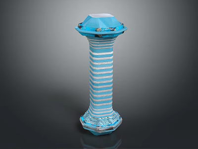 Blue And White Striped Decorative Column With Top Platform And Ornate Base 3d model