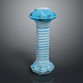 Blue And White Striped Decorative Column With Top Platform And Ornate Base