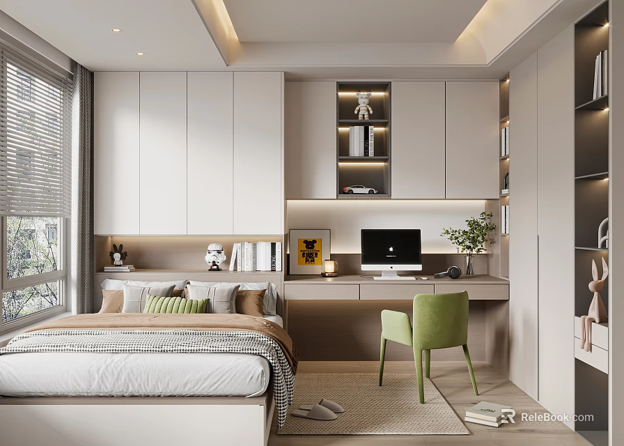 Modern Tatami Bedroom Interior With Tatami Bed Desk Green Chair And Storage Cabinets 3d model 