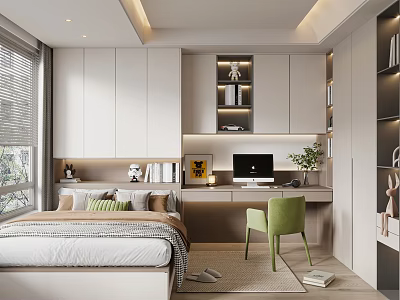 Modern Tatami Bedroom Interior With Tatami Bed Desk Green Chair And Storage Cabinets 3d model