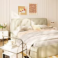 Light Green Upholstered Double Bed With Gray Pink Bedding Striped Rug And Decorative Paintings