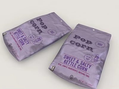 Sweet And Salty Nettle Corn Popcorn In Purple Packaged Bags With Labels 3d model