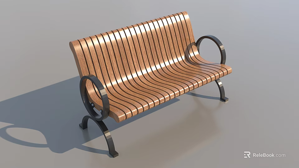 Wooden Slat Garden Landscape Bench With Curved Design And Metal Frame 3d model 